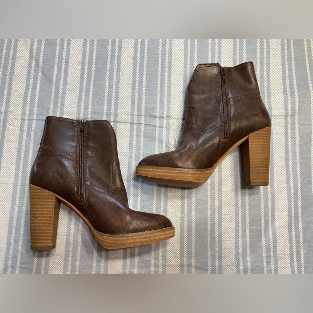 Lucky Brand brown booties with wood heels.